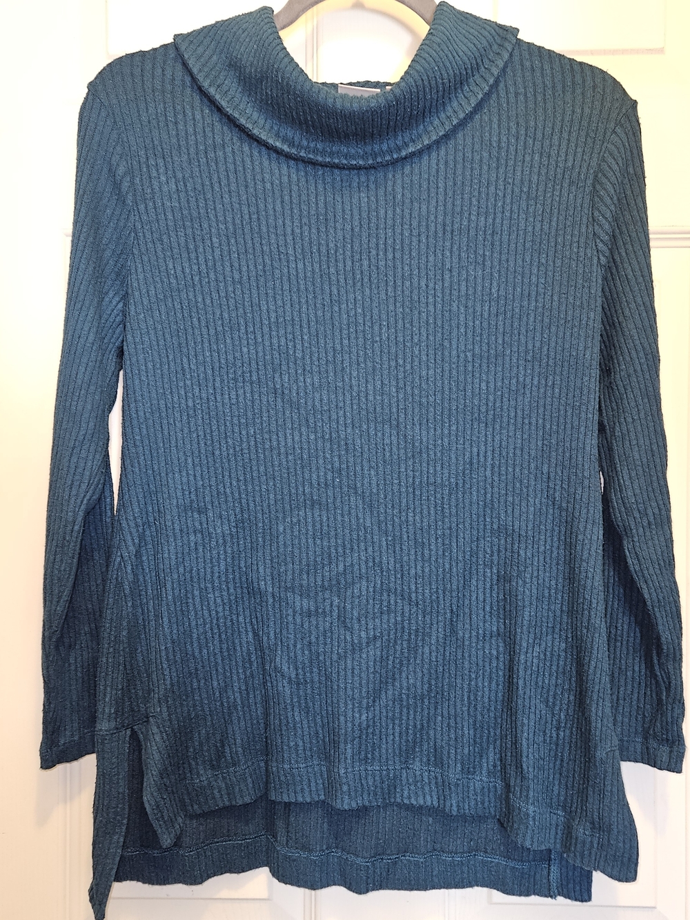 Chico's Teal Ribbed Cowl-Neck Sweater